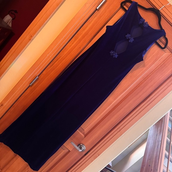 Vintage Navy Blue Velvet Sleeveless Maxi Dress halter prom formal Y2K 90s Jewel - Picture 5 of 13